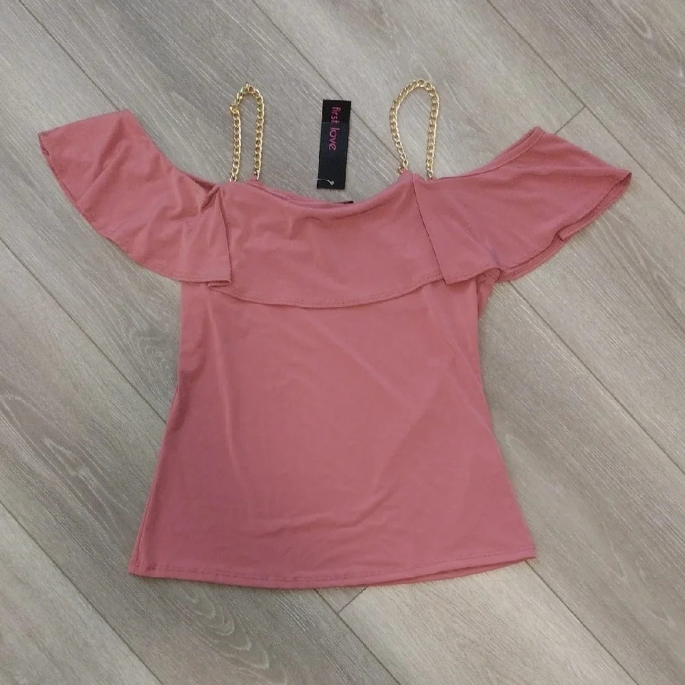 First Love Pink Ruffled Off-Shoulder Blouse - Picture 1 of 13